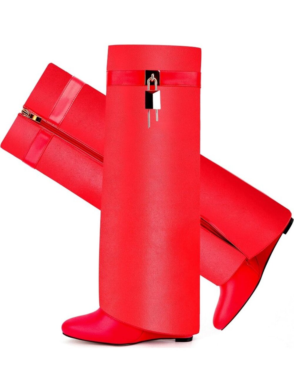 Women's Red Pointy Pull On Wedge Heel Knee Shark Side Zipper Fold Over Boot
